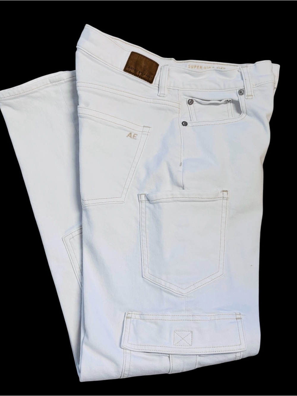 American Eagle Super Hi Rise Baggy Straight  Cargo Jeans White Sz 0 Regular